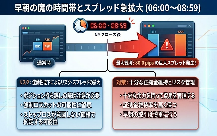 早朝06:00〜08:59は流動性低下でスプレッドが最大80.0pipsまで急拡大しやすいことを示した図。通常時チャートと警告マークを並べ、ポジション持ち越しや強制ロスカット、ストップロス滑りのリスクと、十分な証拠金維持・早朝取引を慎重に行うべき対策を解説している。