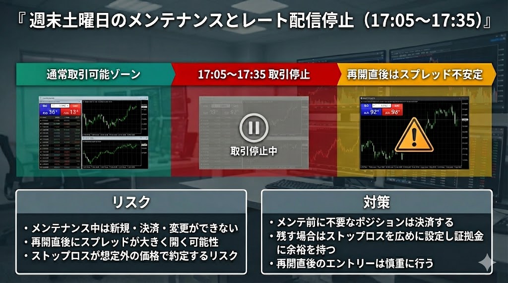 毎週土曜日17:05〜17:35のメンテナンス時間帯はレート配信が停止し取引不能になることを示す図。再開直後はスプレッドが不安定になるため、この前後はポジションを決済しておくかストップロスを広めに設定するなど、ポジション管理が重要であると解説している。