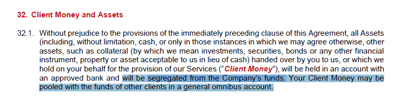 Fintrade Client Agreementの条項(Client Money)で、顧客資金は会社資金と分別(segregated)しつつ、オムニバス口座でまとめて管理される場合がある旨を示す記載。