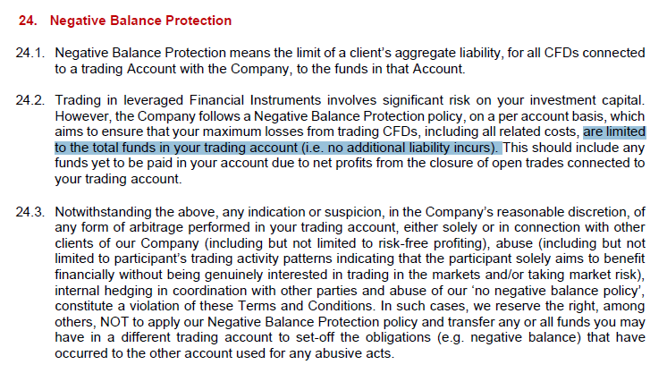 XMの規約(Client Agreement)にある「Negative Balance Protection(追証なし)」の条文。損失は口座残高の範囲に限定され、追加の負債は発生しない旨が記載されている(抜粋)